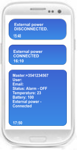 15:48 External power CONNECTED 16:10 Master:+3541234567 User: Email: Status: Alarm - OFF Temperature: 23 Battery: 100 External power - Connected 17:50 External power DISCONNECTED.